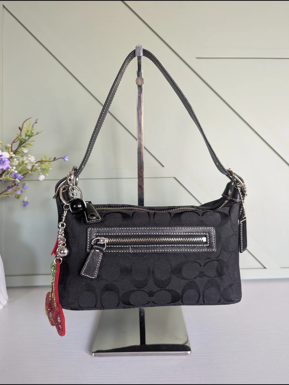 Coach Black Signature Jacquard Shoulder Bag with Charm